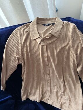 Lands' End Beige Ribbed Button-Front Knit Top
